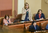 Kelly Moller stands at her desk in the House chambers, a corded microphone in hand as she speaks to fellow members. Three other members are pictured, seated around her desk.